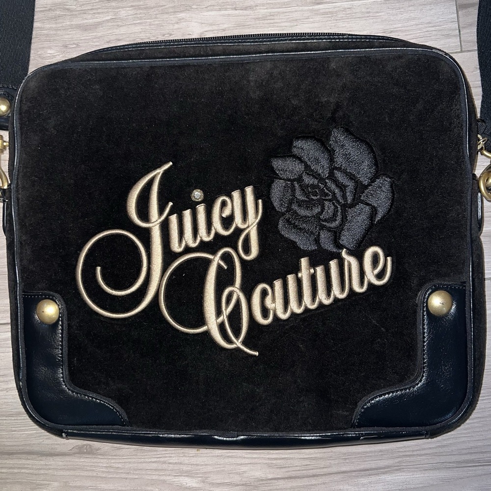 Juicy Couture Black Velour Laptop Bag Vintage Y2K Rose Gold Logo Crossbody